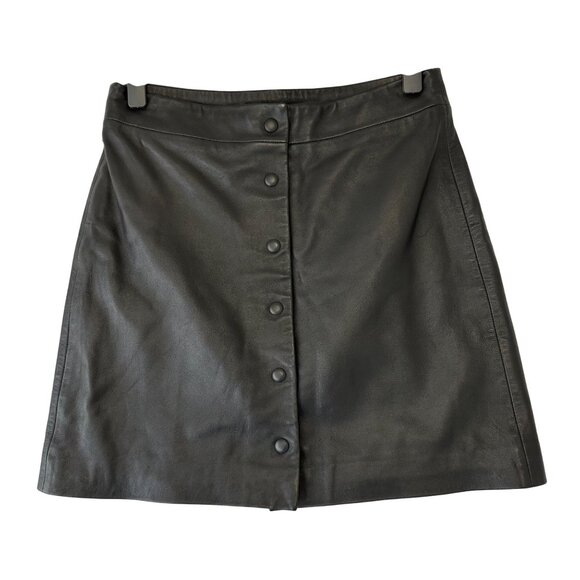 All Saints Womens Lamb Leather Button Up A-Line Mini Skirt Size US 6 Black - Picture 1 of 10